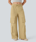 Mid Rise Drawstring Pockets Wide Leg Cargo Casual Trousers — Moonstone — view 1