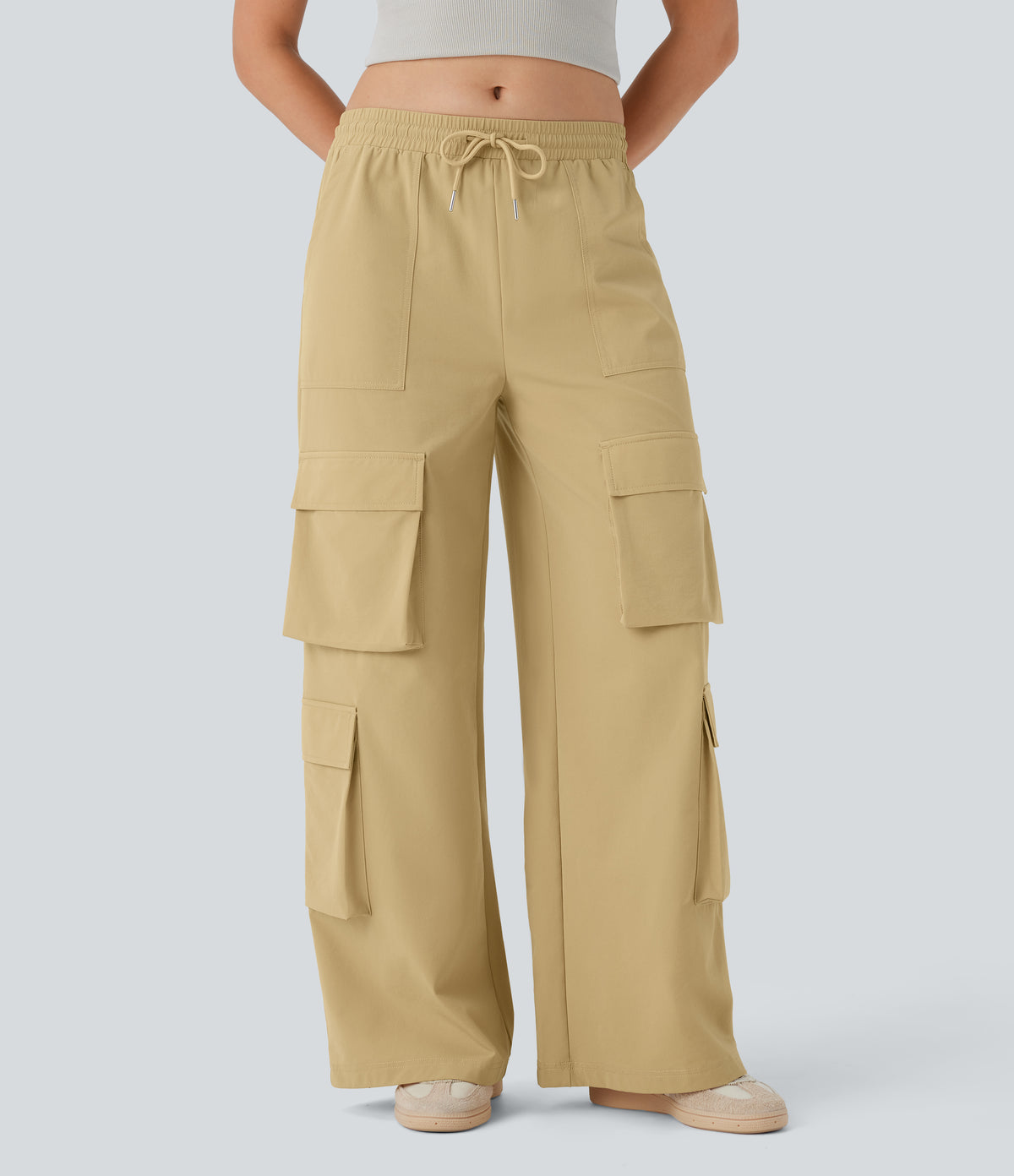 Mid Rise Drawstring Pockets Wide Leg Cargo Casual Trousers — Moonstone — view 1