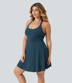 Backless Twisted Flare Dance Plus Size Active Dress-Longer Length-Edition — Majolica Blue — view 3