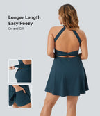 Backless Twisted Flare Dance Plus Size Active Dress-Longer Length-Edition — Majolica Blue — view 1