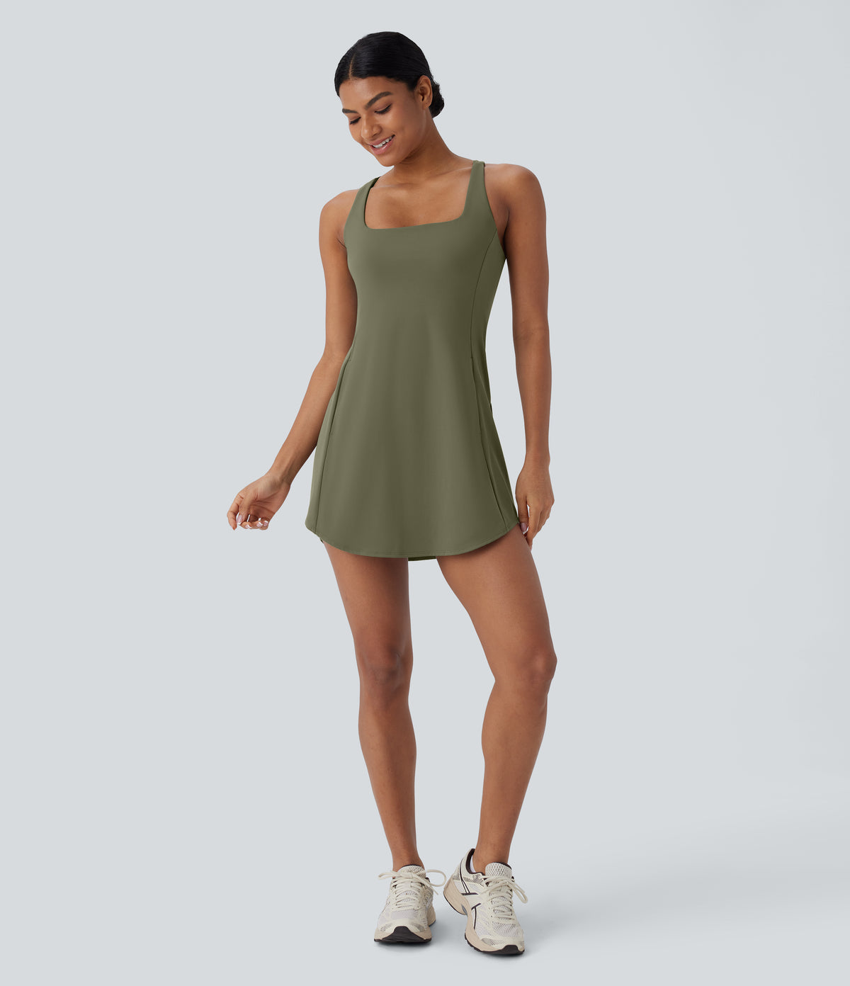 Plush Cut Out Pocket 2-Piece Mini Yoga Active Dress — Grass Grey Green — view 8