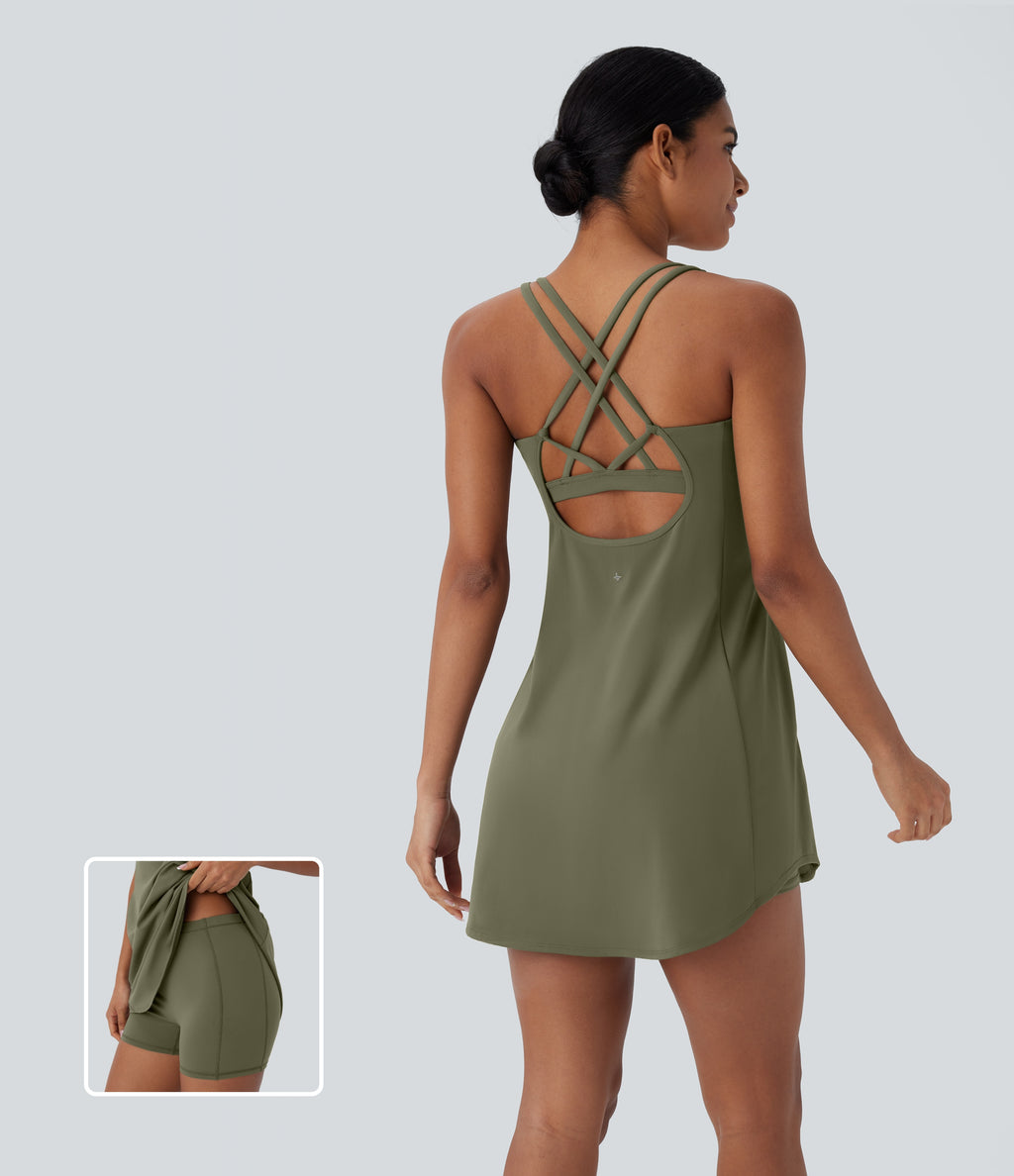 Plush Cut Out Pocket 2-Piece Mini Yoga Active Dress — Grass Grey Green — view 1