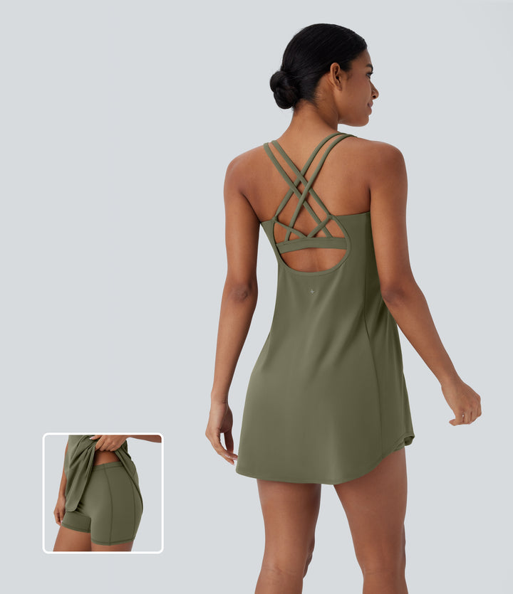 Plush Cut Out Pocket 2-Piece Mini Yoga Active Dress — Grass Grey Green — view 1