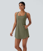 Plush Cut Out Pocket 2-Piece Mini Yoga Active Dress — Grass Grey Green — view 3