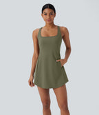 Plush Cut Out Pocket 2-Piece Mini Yoga Active Dress — Grass Grey Green — view 2