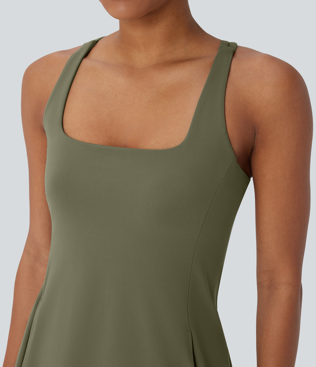 Plush Cut Out Pocket 2-Piece Mini Yoga Active Dress — Grass Grey Green — view 5