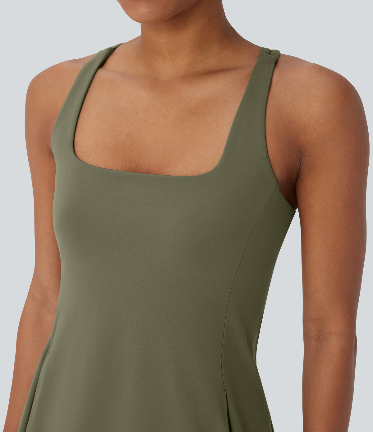 Plush Cut Out Pocket 2-Piece Mini Yoga Active Dress — Grass Grey Green — view 5