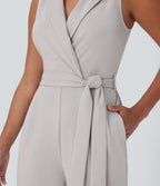 Sleeveless Pockets Belted Tapered Work Jumpsuit — Dawn Blue — view 5