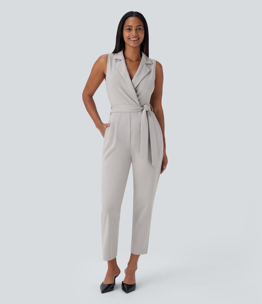Sleeveless Pockets Belted Tapered Work Jumpsuit — Dawn Blue — view 1