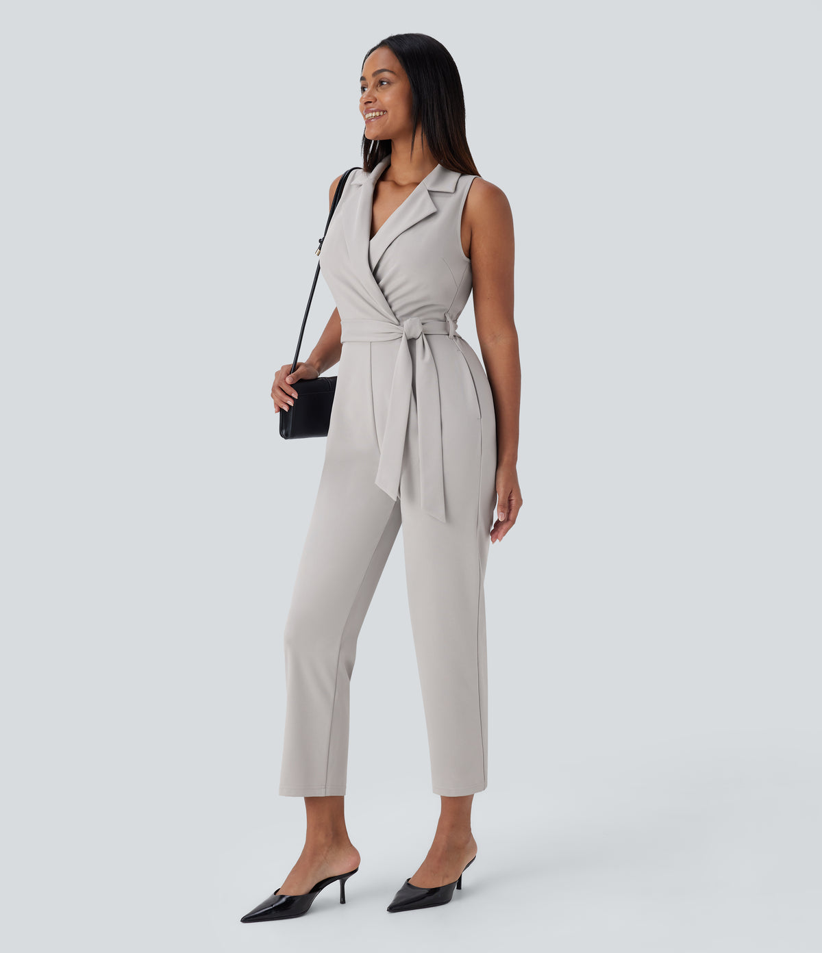 Sleeveless Pockets Belted Tapered Work Jumpsuit — Dawn Blue — view 6