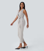 Sleeveless Pockets Belted Tapered Work Jumpsuit — Dawn Blue — view 3