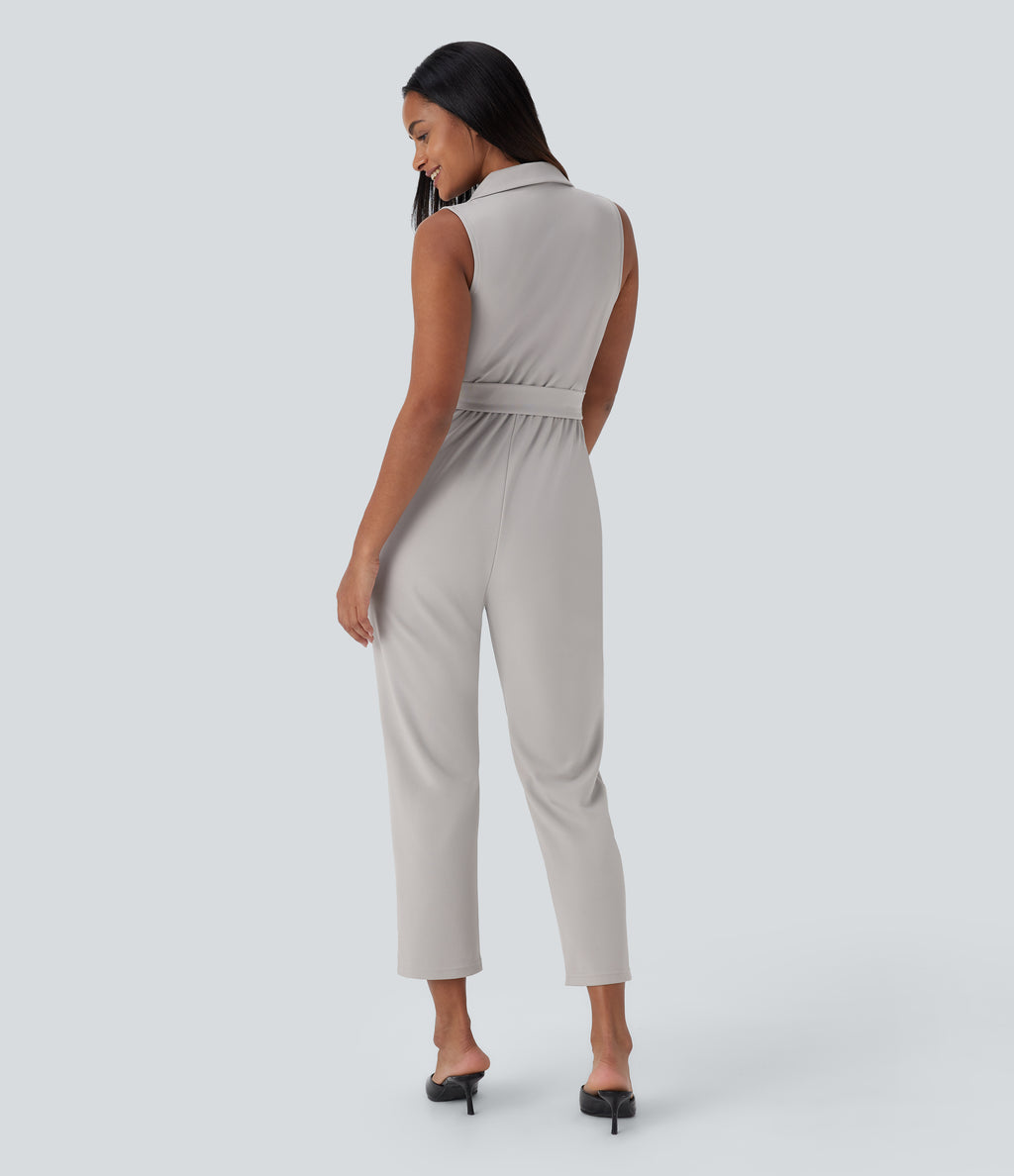 Sleeveless Pockets Belted Tapered Work Jumpsuit — Dawn Blue — view 2