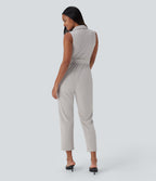 Sleeveless Pockets Belted Tapered Work Jumpsuit — Dawn Blue — view 2