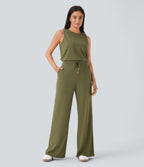 Round Neck Sleeveless Keyhole Back Drawstring Side Pocket Casual Jumpsuit — Olive Drab — view 1