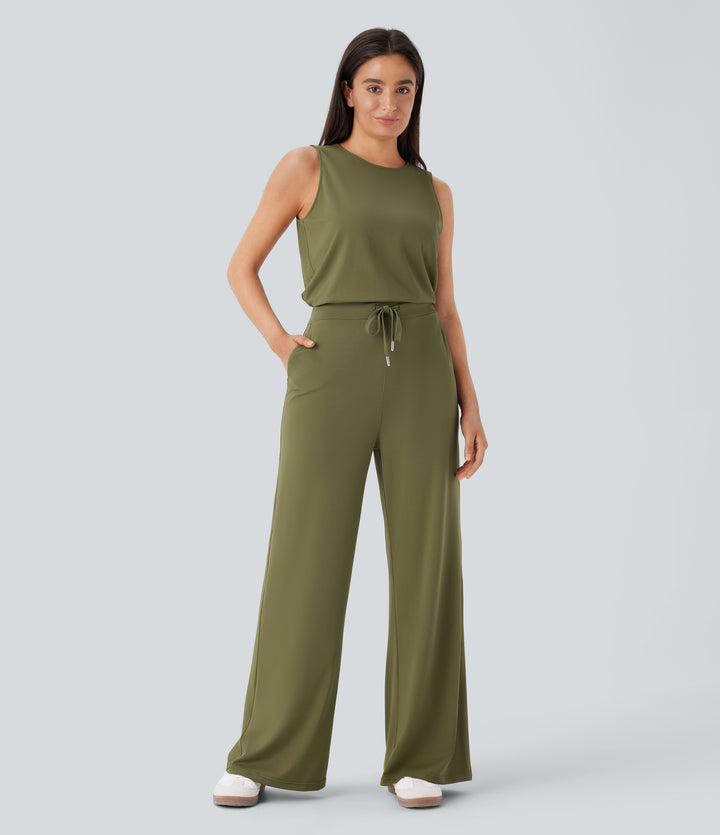Round Neck Sleeveless Keyhole Back Drawstring Side Pocket Casual Jumpsuit — Olive Drab — view 1