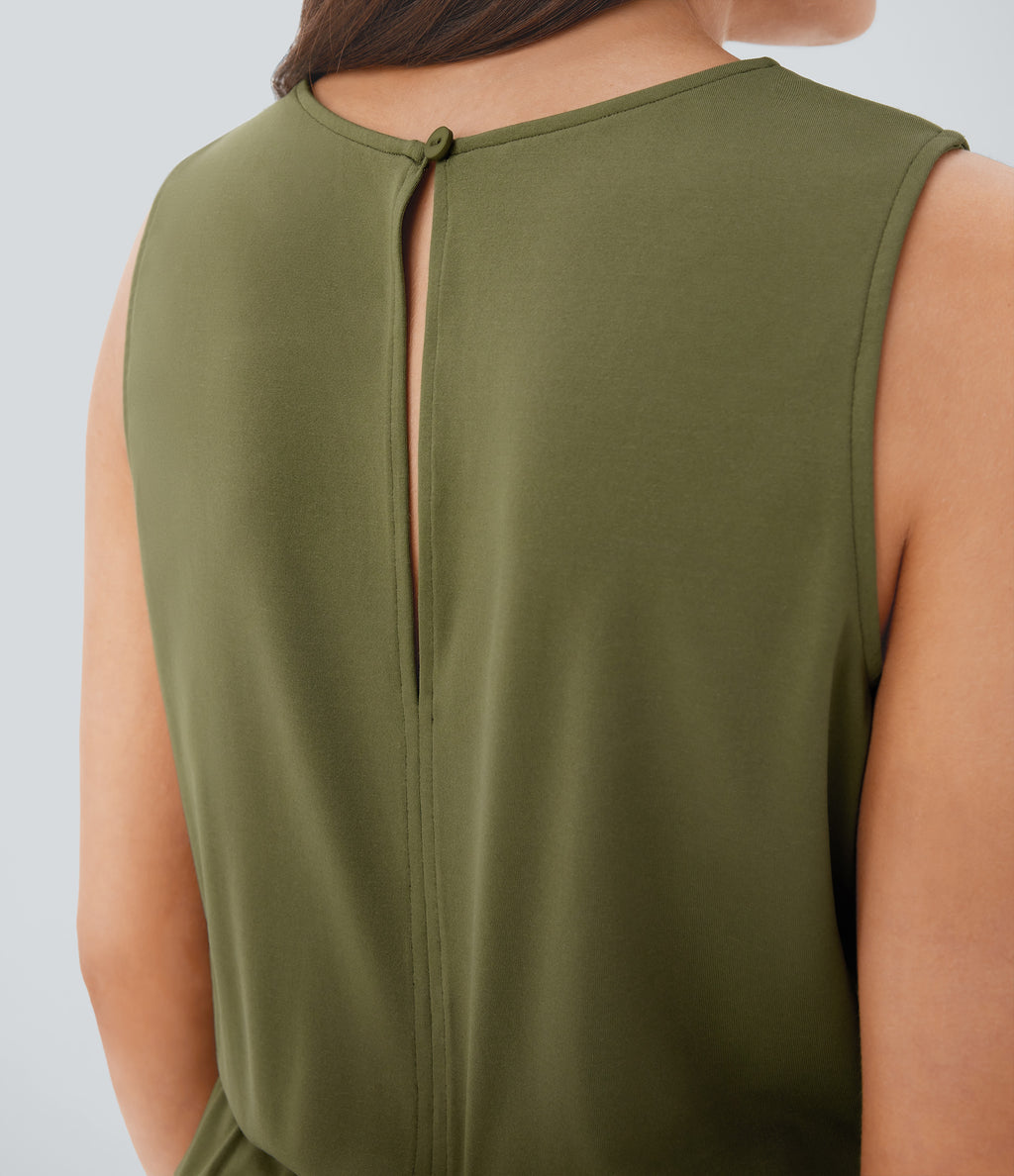 Round Neck Sleeveless Keyhole Back Drawstring Side Pocket Casual Jumpsuit — Olive Drab — view 4