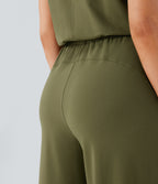 Round Neck Sleeveless Keyhole Back Drawstring Side Pocket Casual Jumpsuit — Olive Drab — view 7