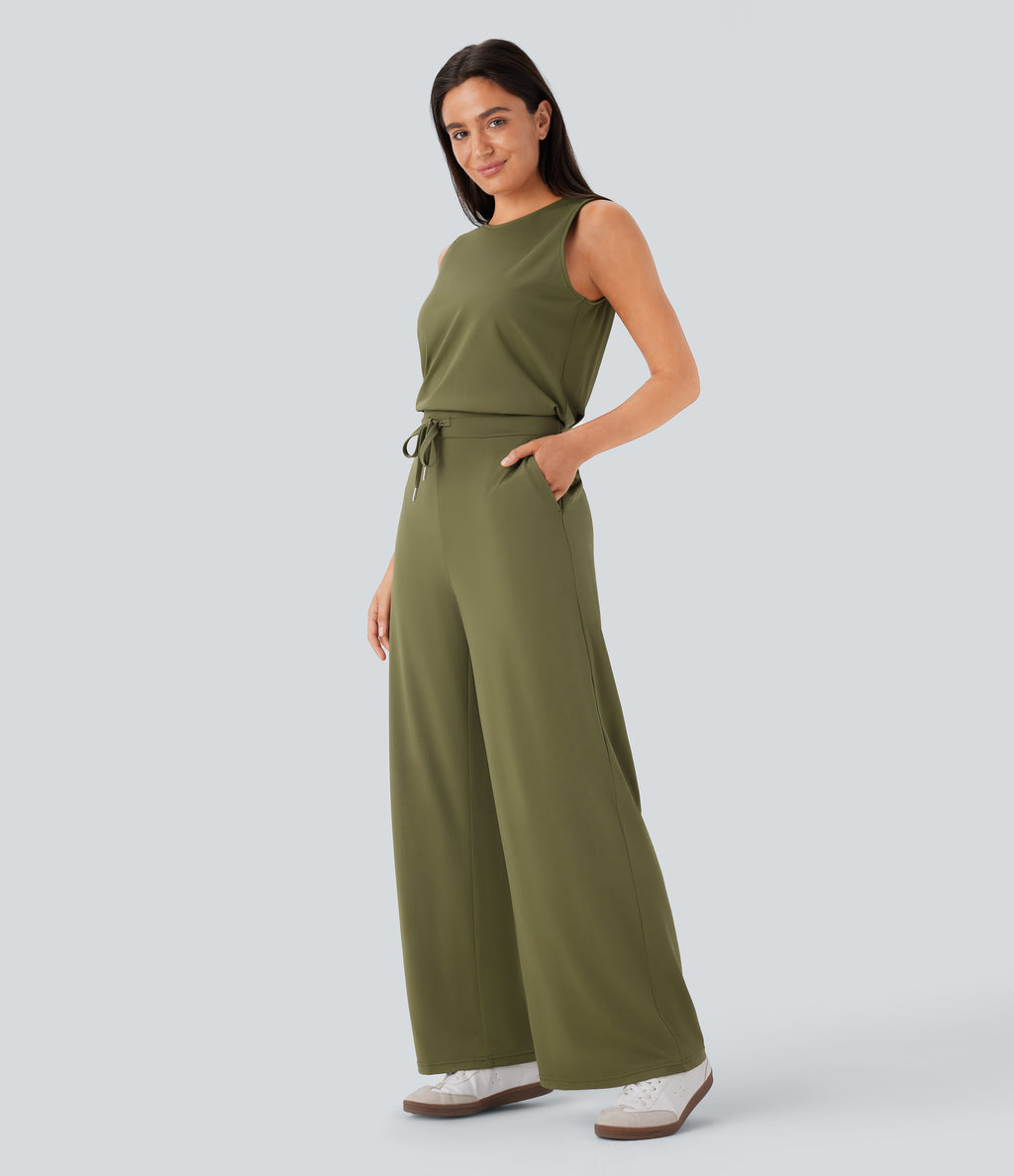Round Neck Sleeveless Keyhole Back Drawstring Side Pocket Casual Jumpsuit — Olive Drab — view 3