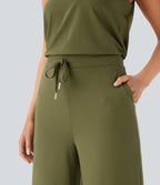 Round Neck Sleeveless Keyhole Back Drawstring Side Pocket Casual Jumpsuit — Olive Drab — view 6