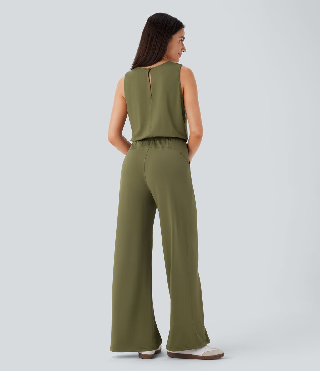 Round Neck Sleeveless Keyhole Back Drawstring Side Pocket Casual Jumpsuit — Olive Drab — view 2