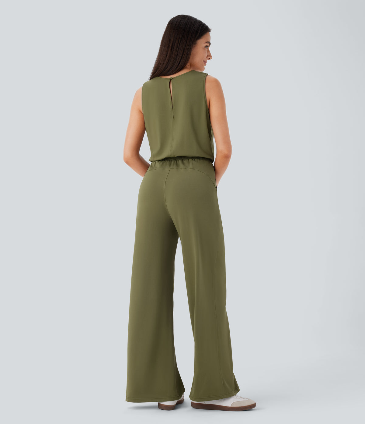 Round Neck Sleeveless Keyhole Back Drawstring Side Pocket Casual Jumpsuit — Olive Drab — view 2