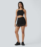 High Waisted 2-in-1 Side Pocket Contrast Mesh Split Mini Yoga Skirt — Black — view 7