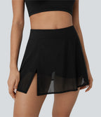 High Waisted 2-in-1 Side Pocket Contrast Mesh Split Mini Yoga Skirt — Black — view 3