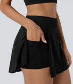 High Waisted 2-in-1 Side Pocket Contrast Mesh Split Mini Yoga Skirt — Black — view 4