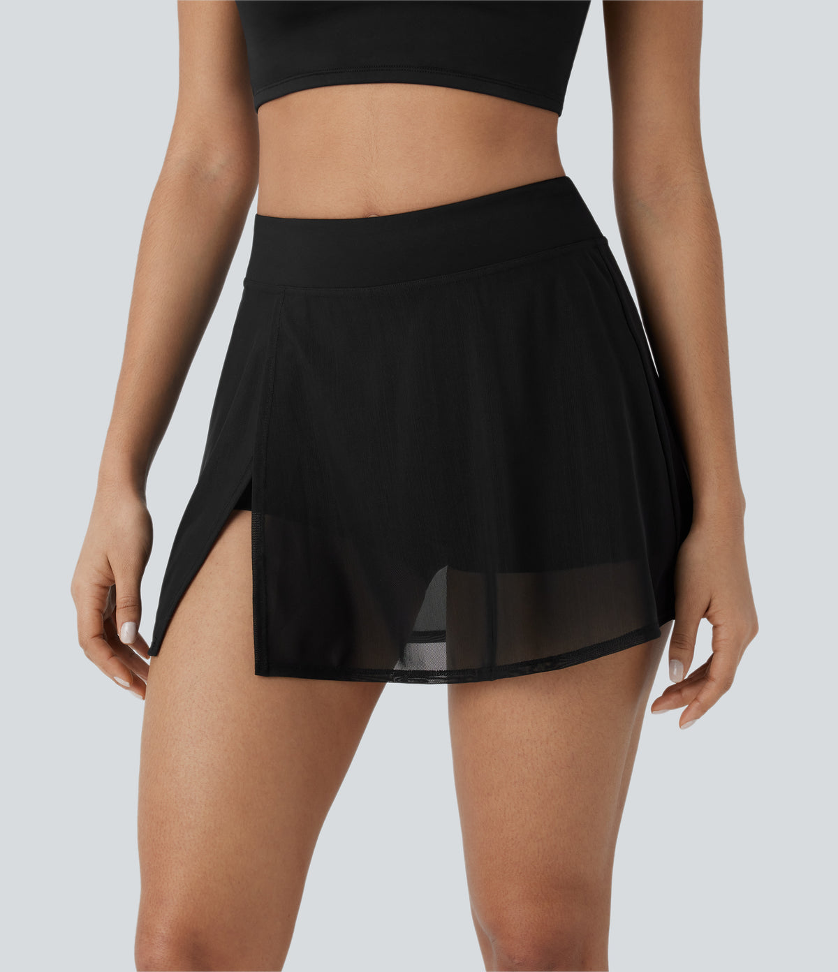 High Waisted 2-in-1 Side Pocket Contrast Mesh Split Mini Yoga Skirt — Black — view 8