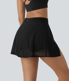 High Waisted 2-in-1 Side Pocket Contrast Mesh Split Mini Yoga Skirt — Black — view 2