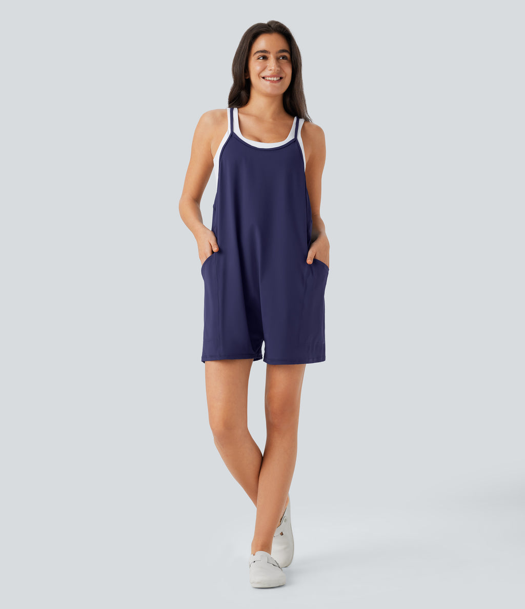 Adjustable Strap Side Pockets Casual Jumpsuit — Black Iris — view 8