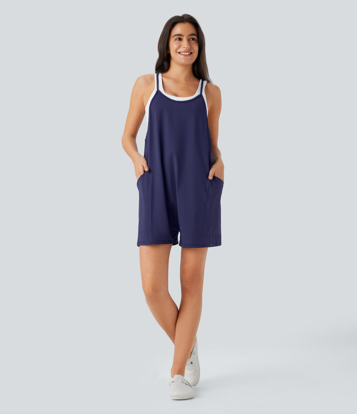 Adjustable Strap Side Pockets Casual Jumpsuit — Black Iris — view 8