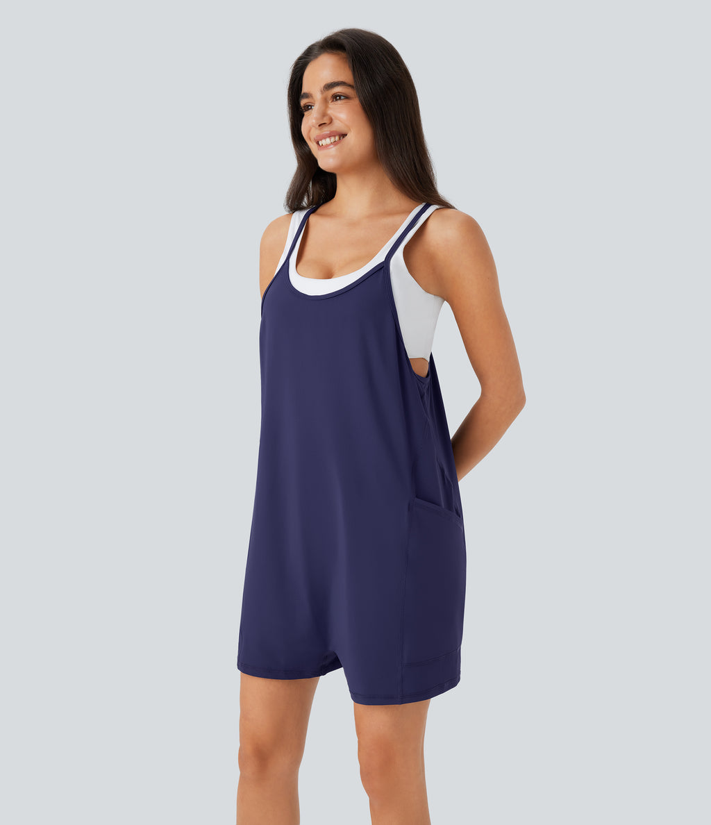 Adjustable Strap Side Pockets Casual Jumpsuit — Black Iris — view 3