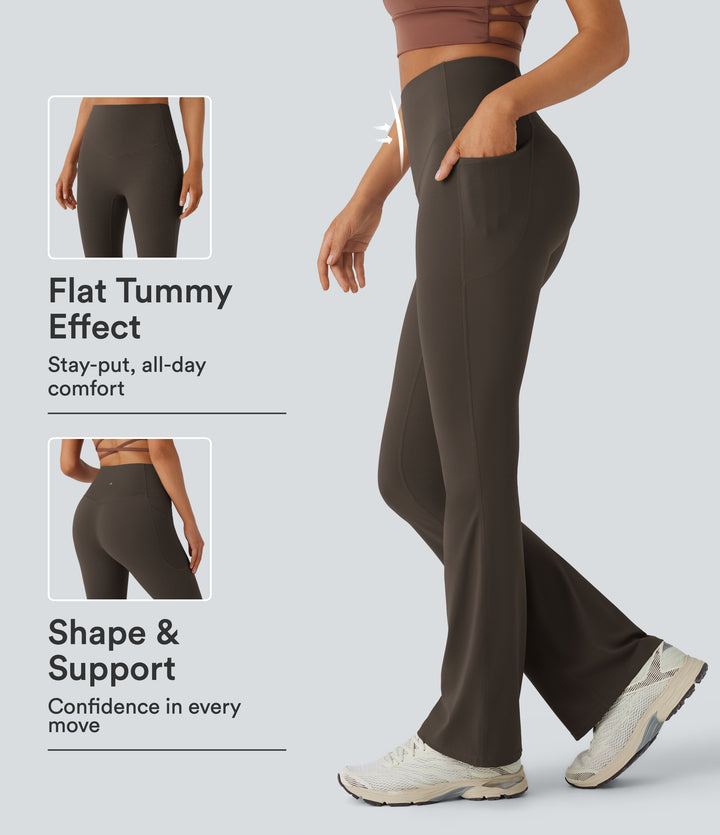 High Waisted Tummy Control Pocket Shaping Yoga Bootcut Leggings — Chocolate Torte — view 1