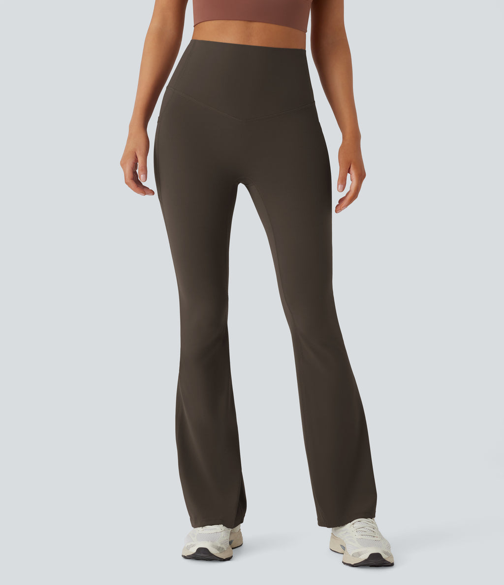 High Waisted Tummy Control Pocket Shaping Yoga Bootcut Leggings — Chocolate Torte — view 3
