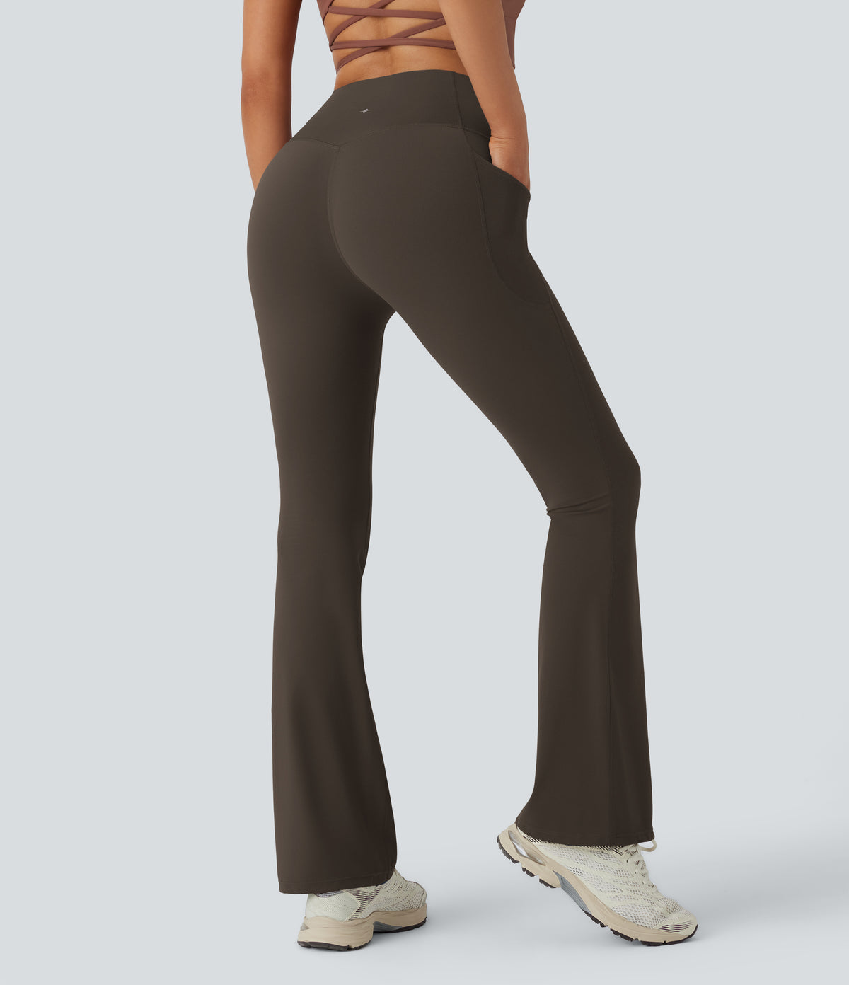 High Waisted Tummy Control Pocket Shaping Yoga Bootcut Leggings — Chocolate Torte — view 2