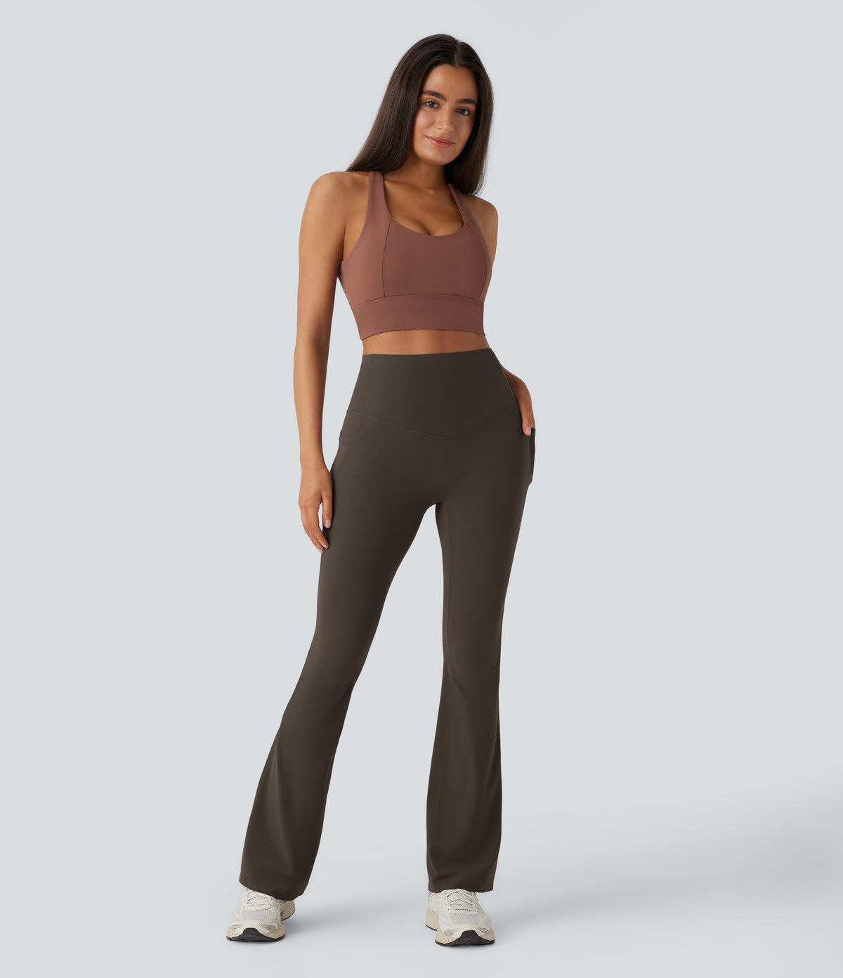 High Waisted Tummy Control Pocket Shaping Yoga Bootcut Leggings — Chocolate Torte — view 7