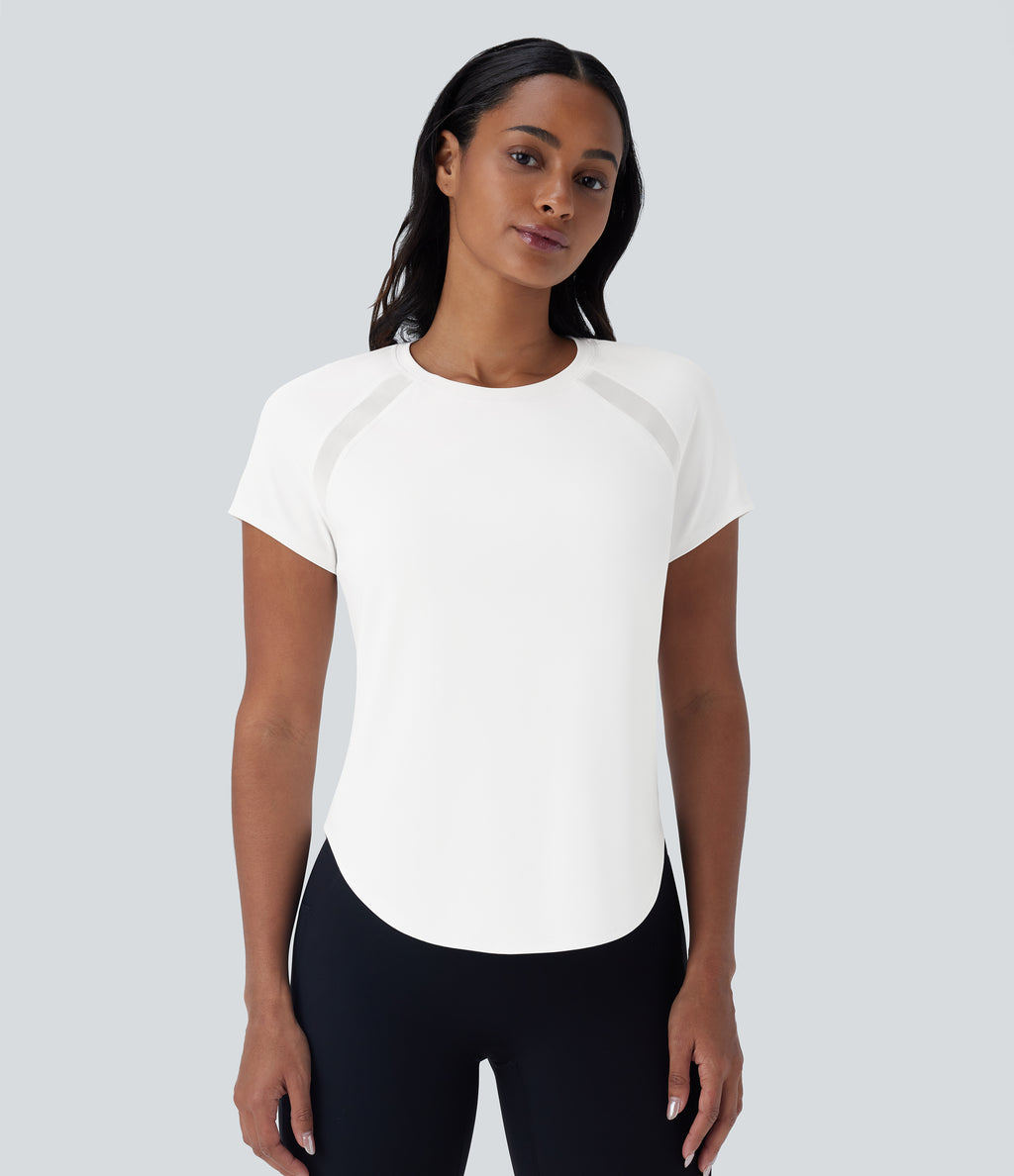 QuickDry Round Neck Short Sleeve Contrast Mesh Curved Hem Running Sports Top — White — view 1
