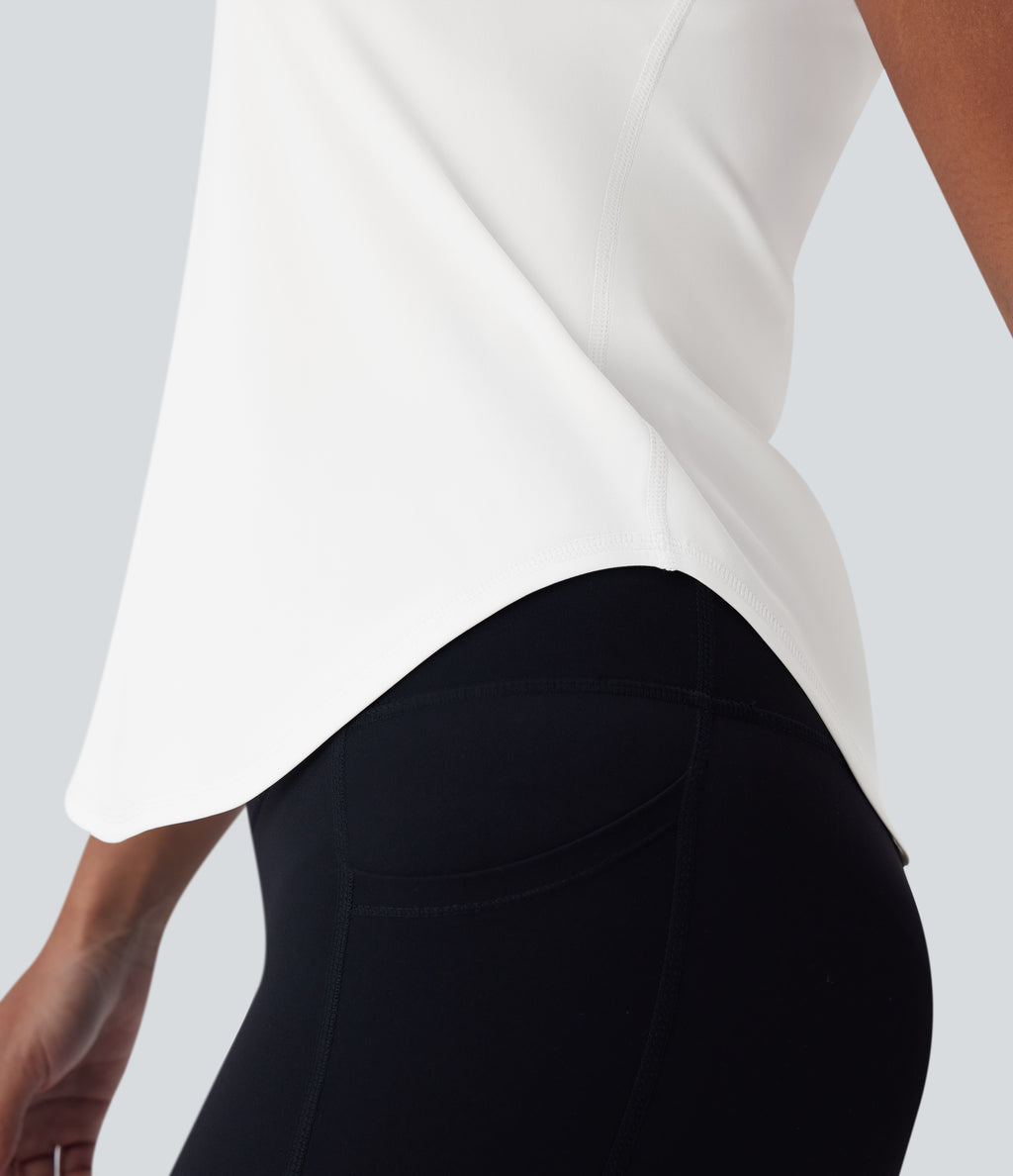 QuickDry Round Neck Short Sleeve Contrast Mesh Curved Hem Running Sports Top — White — view 6