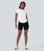 QuickDry Round Neck Short Sleeve Contrast Mesh Curved Hem Running Sports Top — White — view 7