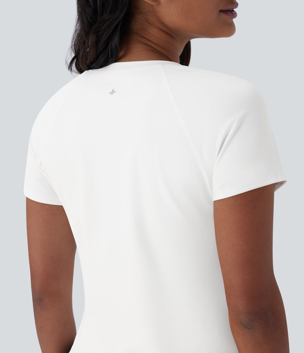 QuickDry Round Neck Short Sleeve Contrast Mesh Curved Hem Running Sports Top — White — view 4