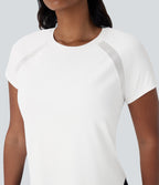 QuickDry Round Neck Short Sleeve Contrast Mesh Curved Hem Running Sports Top — White — view 5