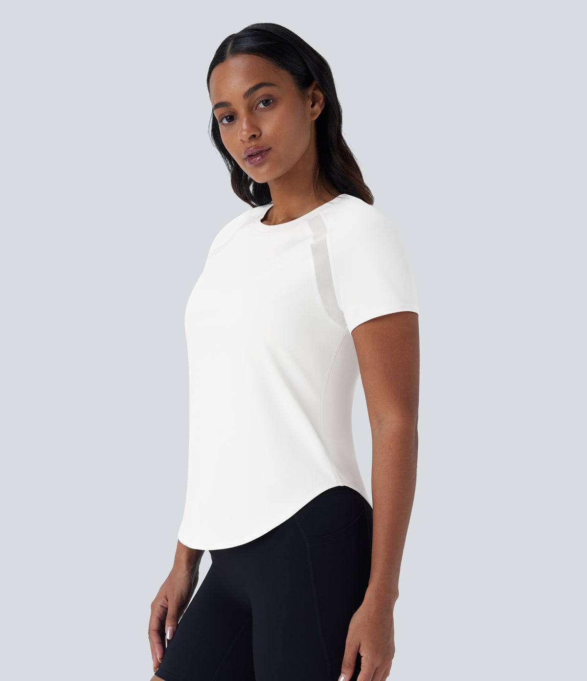 QuickDry Round Neck Short Sleeve Contrast Mesh Curved Hem Running Sports Top — White — view 3