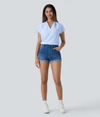 V Neck Short Sleeve Curved Hem Stripe Casual Top — Azure White Stripe — view 8