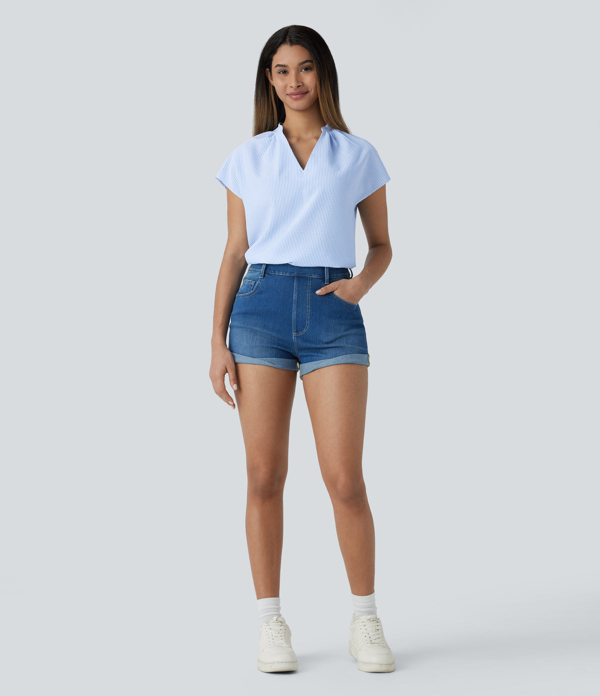 V Neck Short Sleeve Curved Hem Stripe Casual Top — Azure White Stripe — view 8