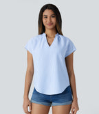 V Neck Short Sleeve Curved Hem Stripe Casual Top — Azure White Stripe — view 2
