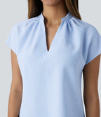 V Neck Short Sleeve Curved Hem Stripe Casual Top — Azure White Stripe — view 5