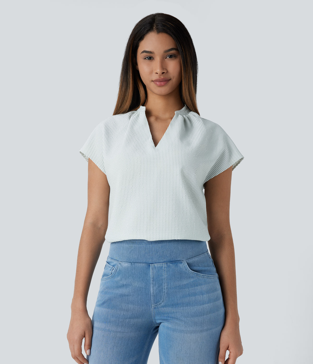 V Neck Short Sleeve Curved Hem Stripe Casual Top — Light Green White Stripe — view 9