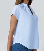V Neck Short Sleeve Curved Hem Stripe Casual Top — Azure White Stripe — view 7