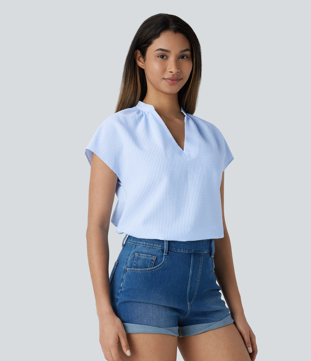 V Neck Short Sleeve Curved Hem Stripe Casual Top — Azure White Stripe — view 4
